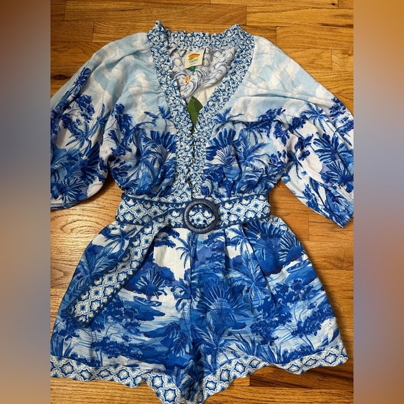 FARM RIO ANTHROPOLOGIE Blue Floral V-Neck Romper with Belt - Picture 5 of 12